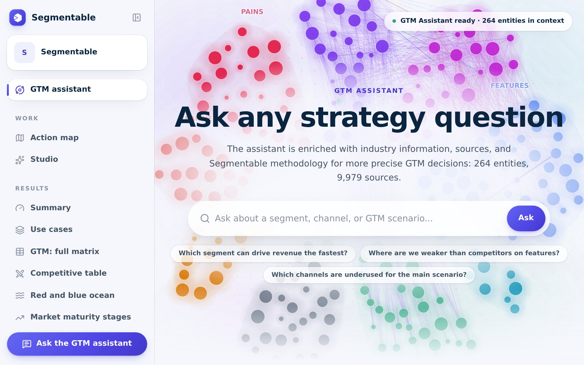 Segmentable workspace: GTM assistant over a market map